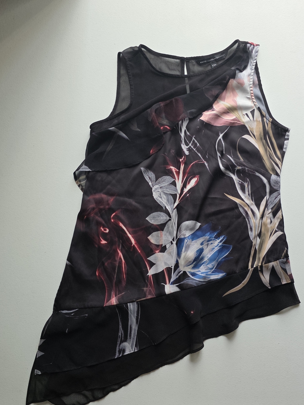 White House Black Market Black Floral Sheer Ruffle Fairy Asymmetrical Fairy Top